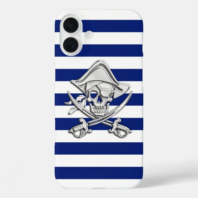 Chrome Pirate Crossbones auf Navy Strips Case-Mate iPhone Hülle (Rückseite)