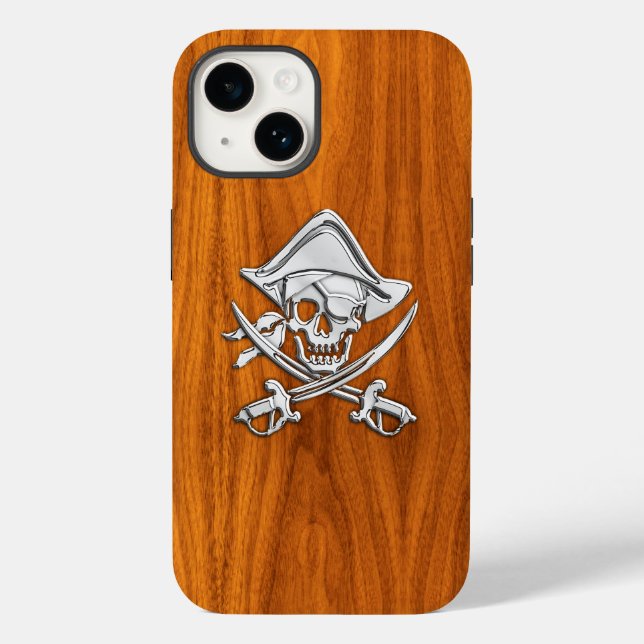 Chrome Pirate Crossbones auf Teak Wood Case-Mate iPhone Hülle (Rückseite)