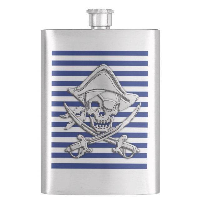Chrome Pirate Nautical on Navy Stripes Print Flachmann (Vorderseite)