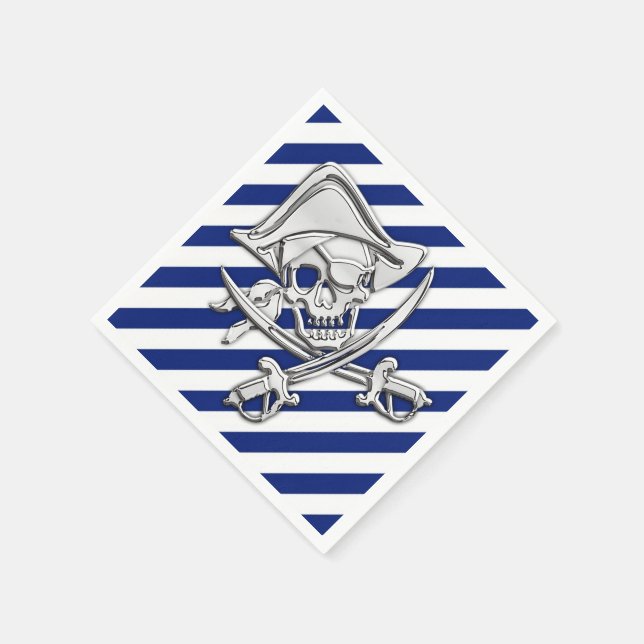 Chrome Pirate Nautical on Navy Stripes Print Serviette (Ecke)
