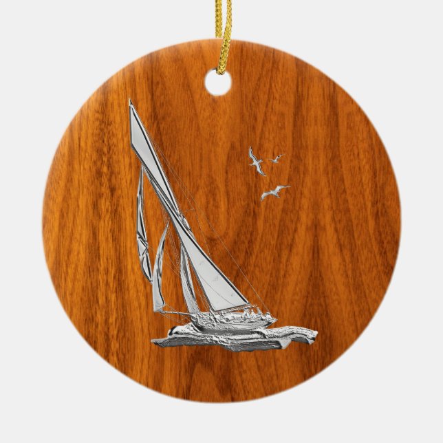 Chrome Regatta Relief boat on Teak Veneer Styles Keramik Ornament (Vorne)