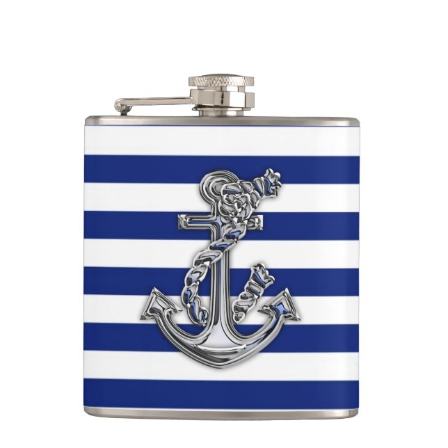 Chrome Rope Anchor auf Navy Stripes Flachmann (Vorderseite)