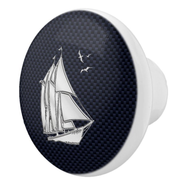 Chrome Sailboat auf Navy Carbon Fibre Print Keramikknauf (Rechts)