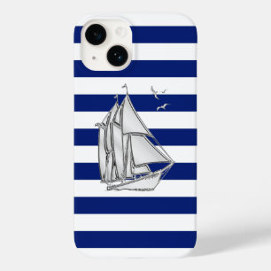Chrome Sailboat Print on Navy Strips Case-Mate iPhone 14 Hülle