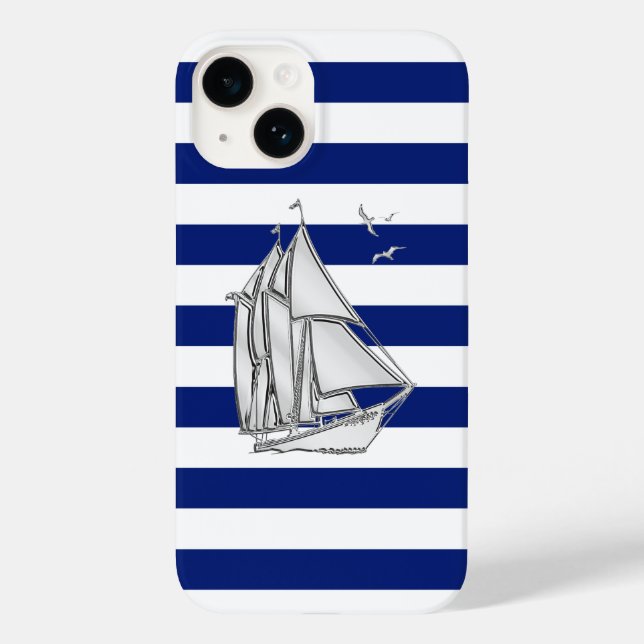 Chrome Sailboat Print on Navy Strips Case-Mate iPhone Hülle (Rückseite)