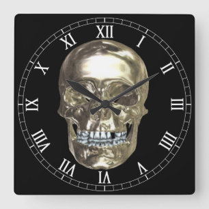 Chrome-Schädel-Quadrat-Römische-Ziffern-Uhr Quadratische Wanduhr