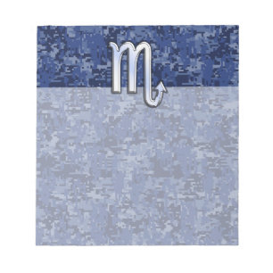 Chrome Scorpio Zodiac Sign on Navy Blue Camo Notizblock