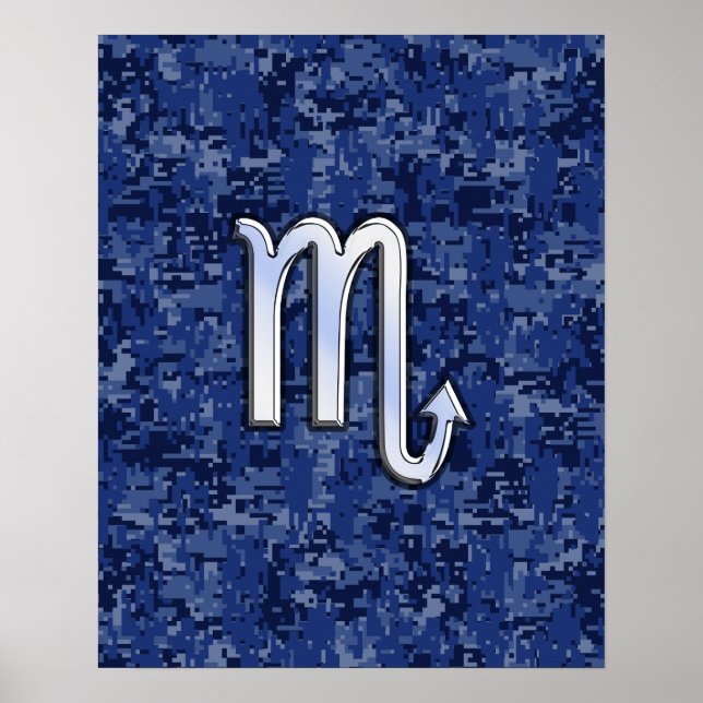 Chrome Scorpio Zodiac Sign on Navy Blue Camo Poster (Vorne)