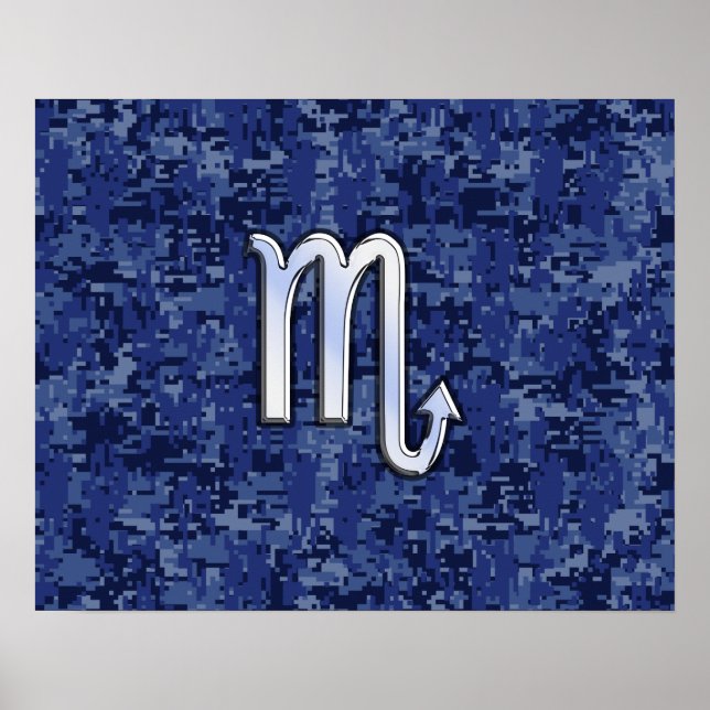 Chrome Scorpio Zodiac Sign on Navy Blue Camo Poster (Vorne)