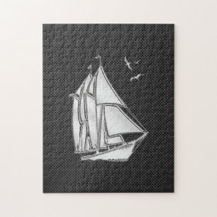 Chrome Silver like Sailboat on Carbon Fibre Puzzle