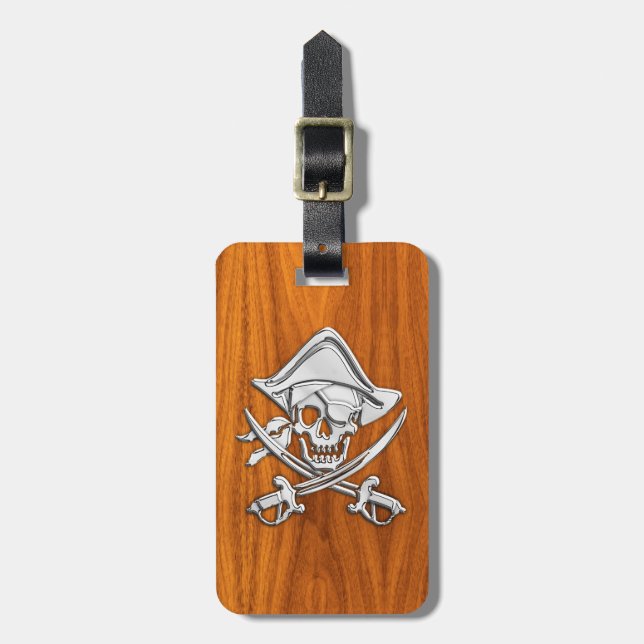 Chrome Silver Pirat on Teak Veneer Decor Gepäckanhänger (Vorderseite vertikal)