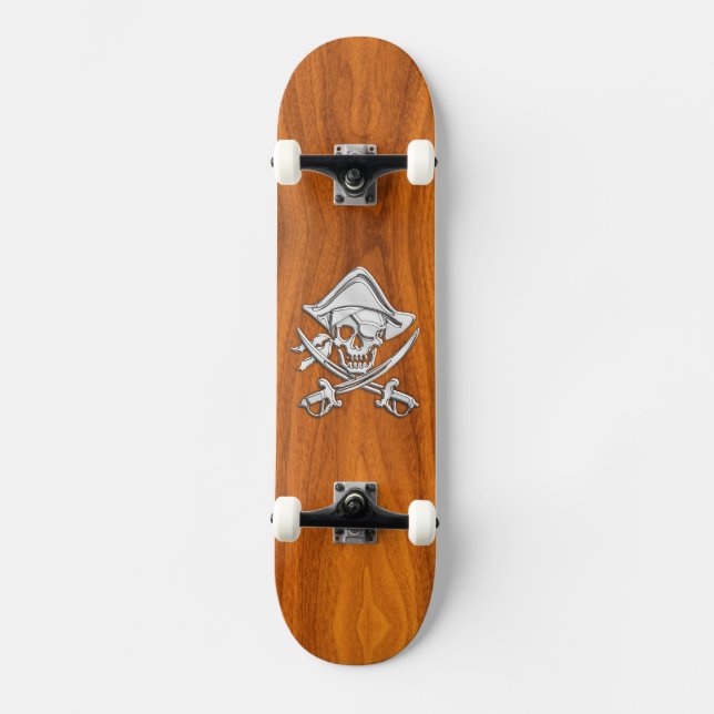 Chrome Silver Pirat on Teak Veneer Decor Skateboard (Vorderseite)