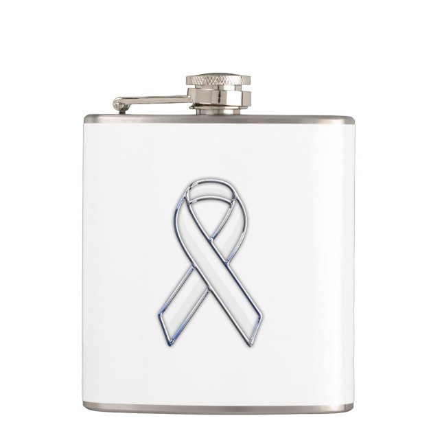Chrome Silver Print Belted White Ribbon Awareness Flachmann (Vorderseite)