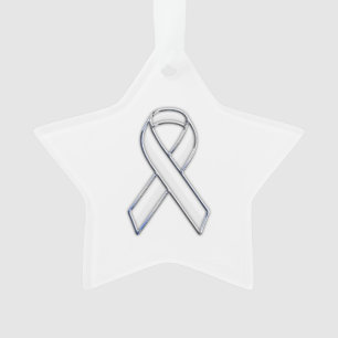 Chrome Silver Print Belted White Ribbon Awareness Ornament