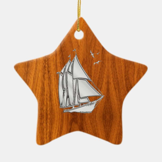 Chrome Silver wie Sailboat auf Teak Veneer Keramikornament (Vorne)