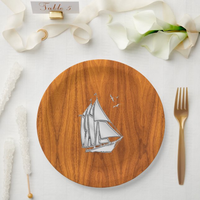 Chrome Silver wie Sailboat auf Teak Veneer Pappteller (Hochzeit)