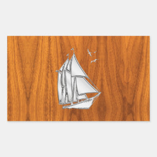 Chrome Silver wie Sailboat auf Teak Veneer Rechteckiger Aufkleber