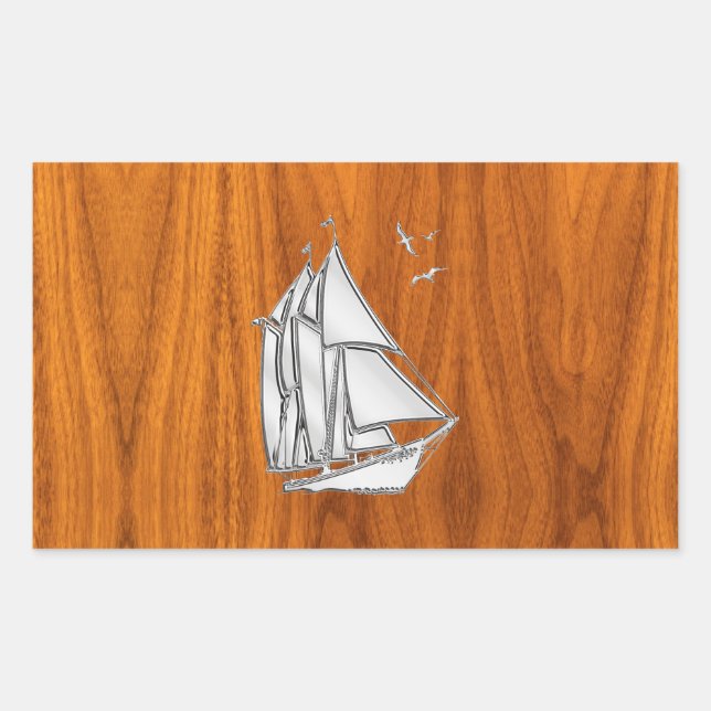 Chrome Silver wie Sailboat auf Teak Veneer Rechteckiger Aufkleber (Vorderseite)