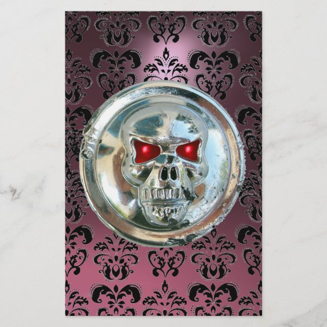 CHROME SKULL DAMASK Pink Lila Amethyst Briefpapier (Vorderseite)