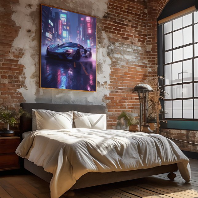 Chrome Sports Car in Cyberpunk Neon City at Night Poster (Von Creator hochgeladen)