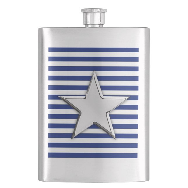 Chrome Star Nautical on Navy Stripes Print Flachmann (Vorderseite)
