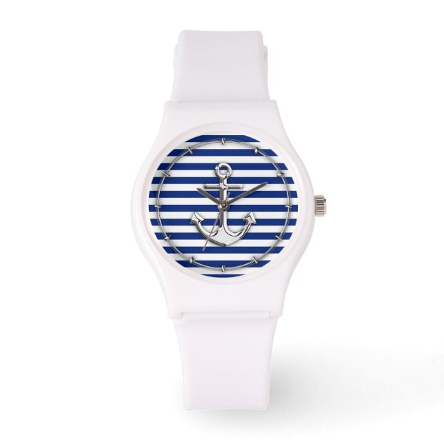 Chrome Style Anchor auf Navy Stripes Decke Armbanduhr (Vorderseite)