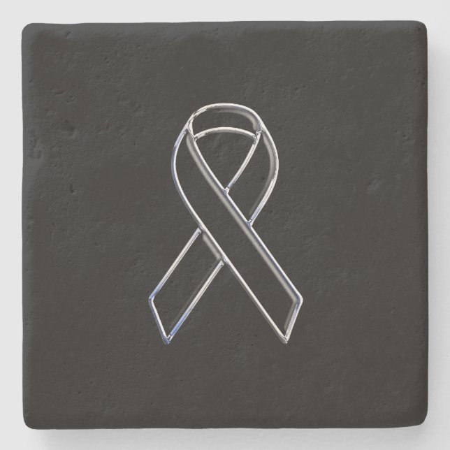 Chrome Style Black Ribbon Awareness on Black Steinuntersetzer (Vorderseite)