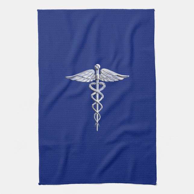 Chrome Style Caduceus Medical Symbol auf Navy Blue Geschirrtuch (Vertikal)