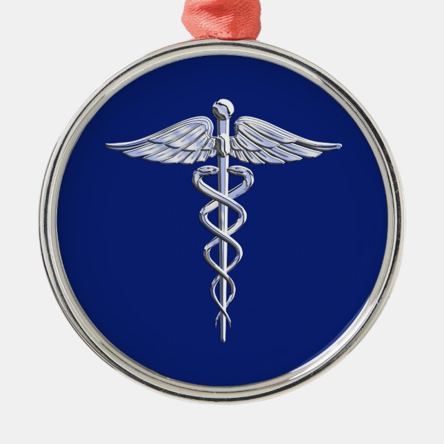 Chrome Style Caduceus Medical Symbol auf Navy Blue Ornament Aus Metall (Vorne)
