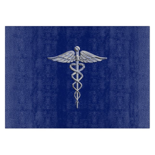 Chrome Style Caduceus Medical Symbol auf Navy Blue Schneidebrett (Vorderseite)
