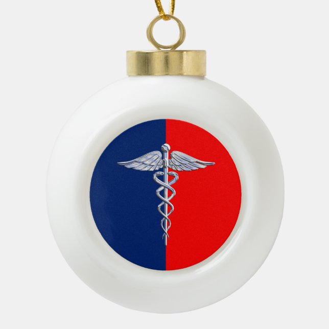 Chrome Style Caduceus Medical Symbol League Keramik Kugel-Ornament (Vorderseite)