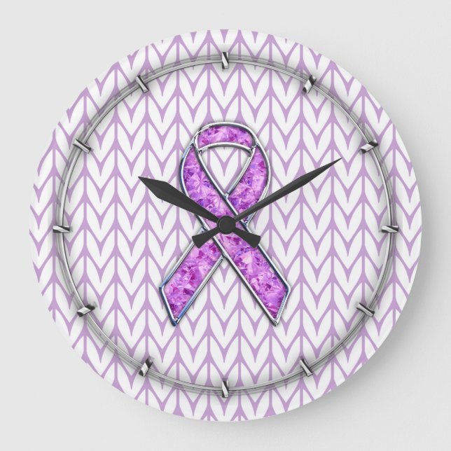 Chrome Style Crystal Pink Ribbon Awareness Strick Große Wanduhr (Vorderseite)