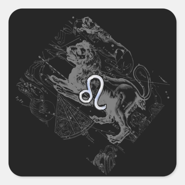 Chrome Style Leo Zodiac Karte Hevelius 1690 Quadratischer Aufkleber (Vorderseite)