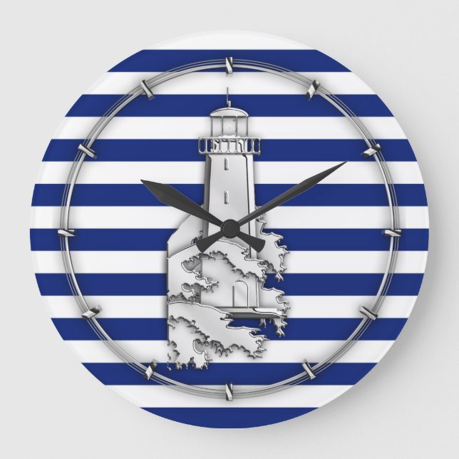Chrome Style Lighthouse auf Blue Nautical Stripes Große Wanduhr (Vorderseite)