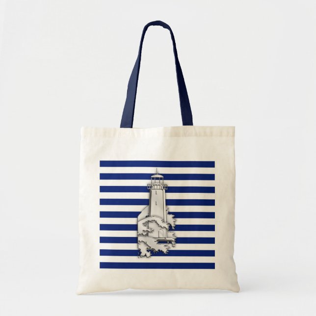 Chrome Style Lighthouse auf Blue Nautical Stripes Tragetasche (Vorne)