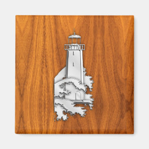 Chrome Style Lighthouse auf Teak Wood Deco Magnet