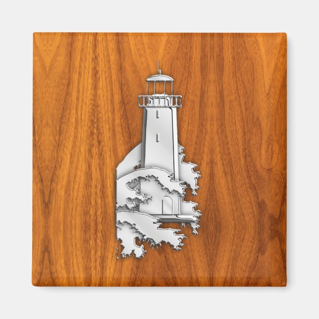 Chrome Style Lighthouse auf Teak Wood Deco Magnet (Vorne)