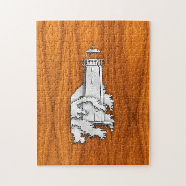 Chrome Style Lighthouse auf Teak Wood Deco Puzzle (Vertikal)