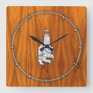 Chrome Style Lighthouse on Teak Wood Decor Quadratische Wanduhr