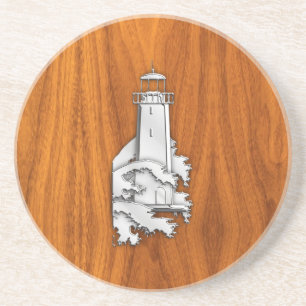 Chrome Style Lighthouse on Teak Wood Decor Sandstein Untersetzer