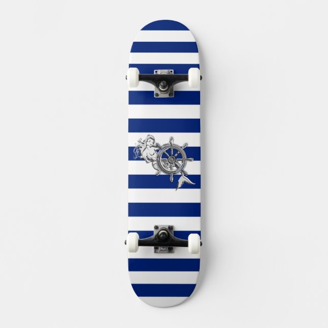 Chrome Style Mermaid auf nautischen Streifen Skateboard (Vorderseite)