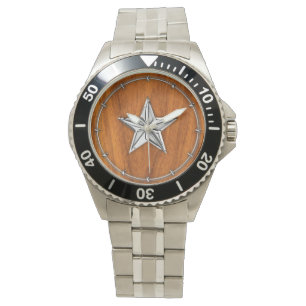 Chrome Style Nautical Star auf Teak Veneer Armbanduhr