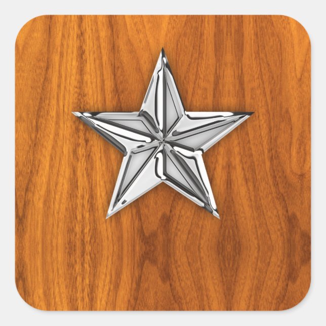 Chrome Style Nautical Star auf Teak Veneer Quadratischer Aufkleber (Vorderseite)