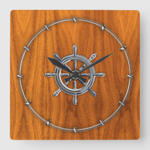Chrome Style Nautical Wheel on Teak Veneer Quadratische Wanduhr