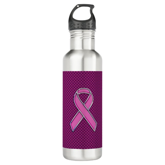 Chrome Style Pink Ribbon Awareness Carbon Fibre Trinkflasche (Vorderseite)
