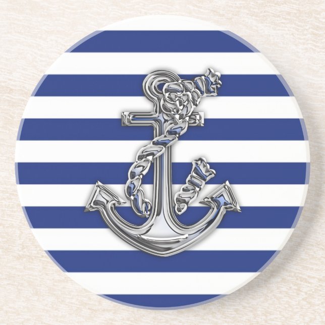 Chrome Style Rope Anchor auf Nautical Stripes Untersetzer (Vorne)