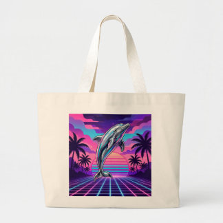Chrome Vaporwave Delfin Retro Sonnenuntergang Jumbo Stoffbeutel