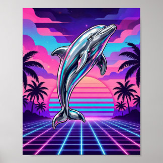 Chrome Vaporwave Delfin Retro Sonnenuntergang Poster