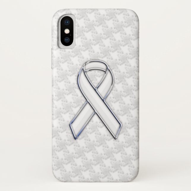 Chrome White Ribbon Awareness auf Hahnentrittmuste Case-Mate iPhone Hülle (Rückseite)