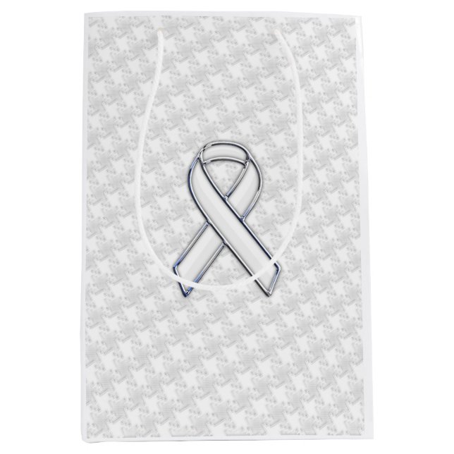 Chrome White Ribbon Awareness auf Hahnentrittmuste Mittlere Geschenktüte (Vorderseite)